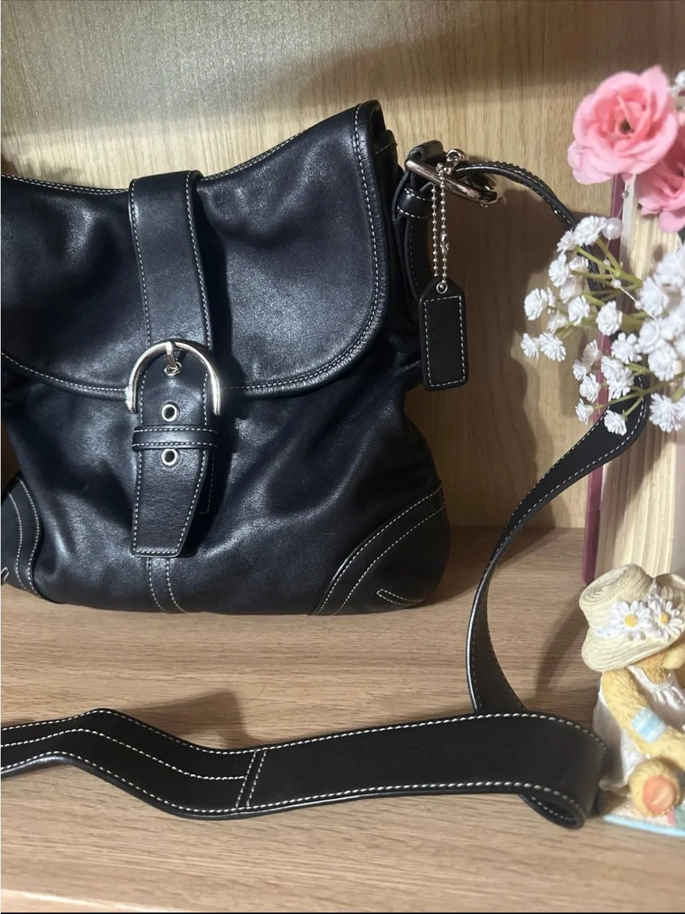 Black Leather Buckle-Front Shoulder Bag